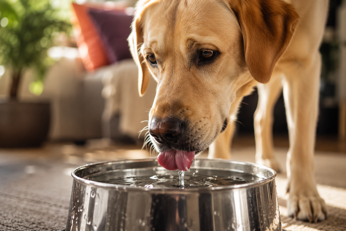 Blonde labrador drinkt uit een grote stalen waterbak in de huiskamer