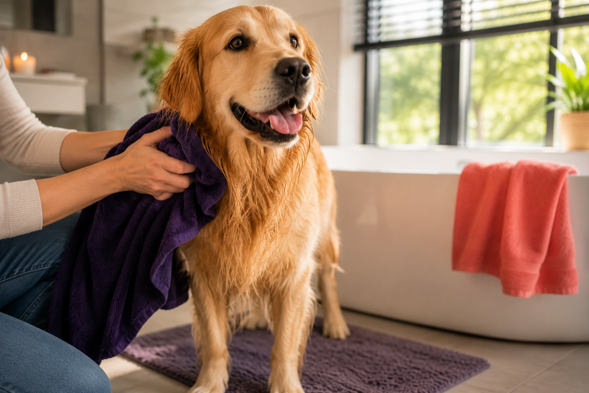 Golden retriever staat na het bad op een badmat en wordt met een paarse handdoek drooggedept