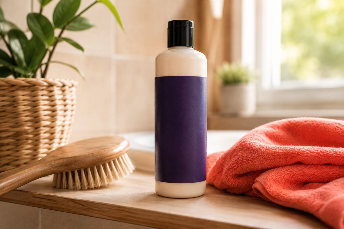 Fles hondenshampoo met paars etiket op een houten badkamerplank naast een borstel en een koraalrode handdoek