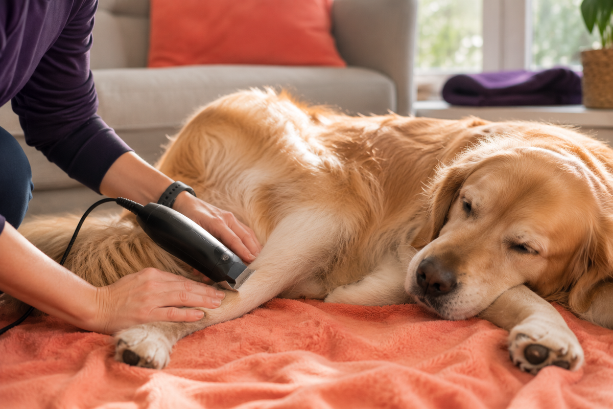 Golden retriever ligt ontspannen terwijl zijn flank met een draadloze tondeuse wordt getrimd