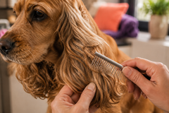 De lange oorvacht van een cocker spaniel wordt uitgekamd met een metalen kam