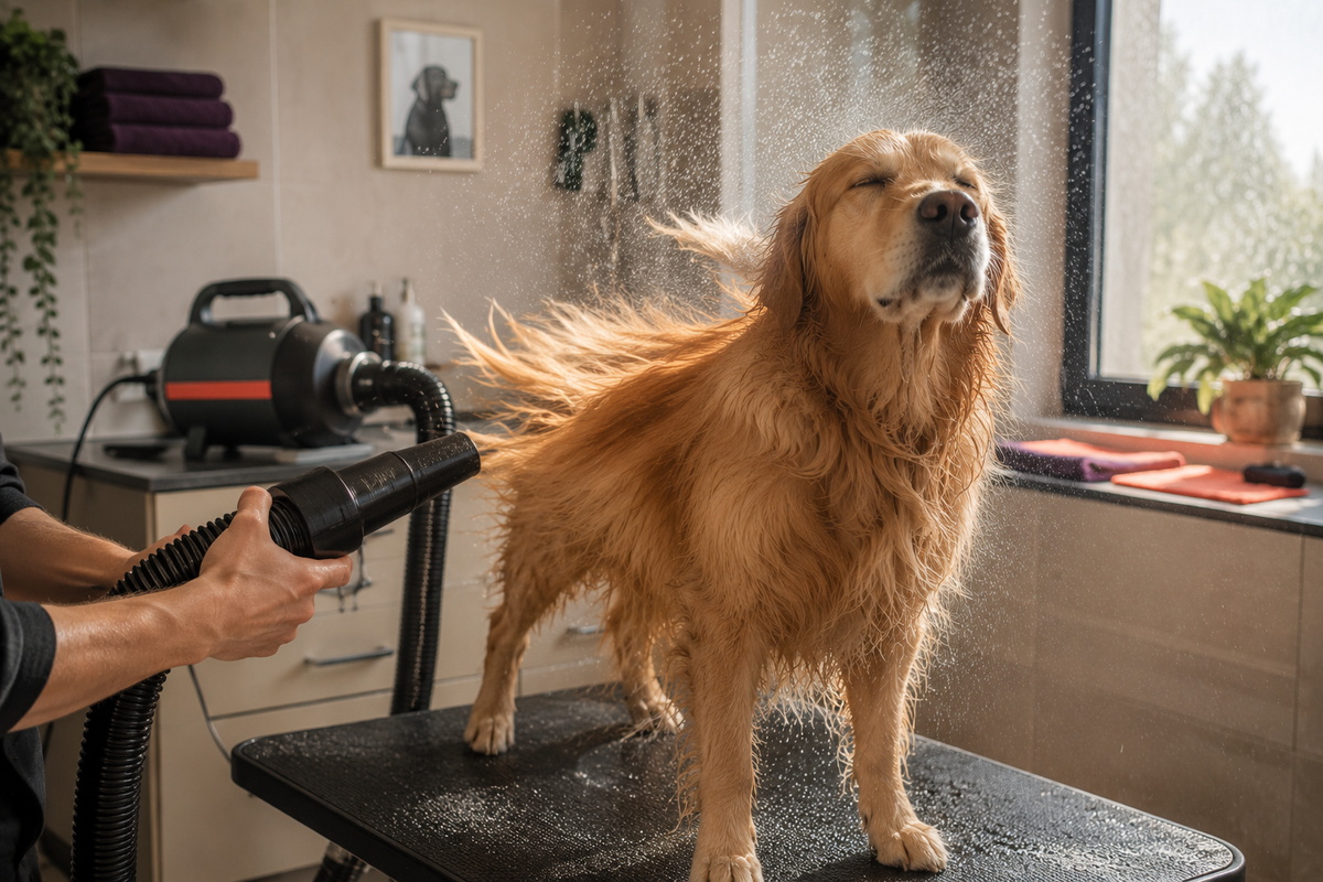 Golden retriever staat op een trimtafel en wordt drooggeblazen met een waterblazer