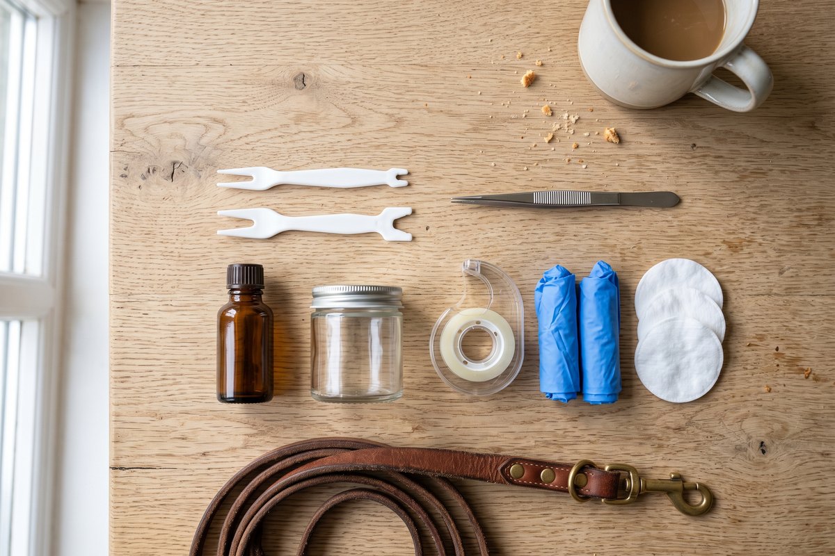 Tekenhaakjes in twee maten, een pincet, handschoenen, een leeg potje, plakband en wattenschijfjes op een houten tafel