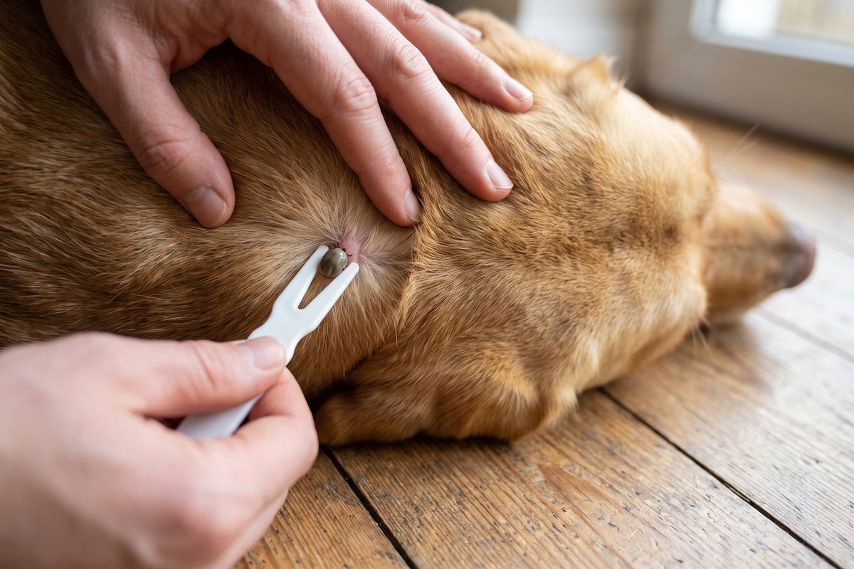 Wit tekenhaakje zit vlak op de huid om een volgezogen teek in de nek van een rossige labrador