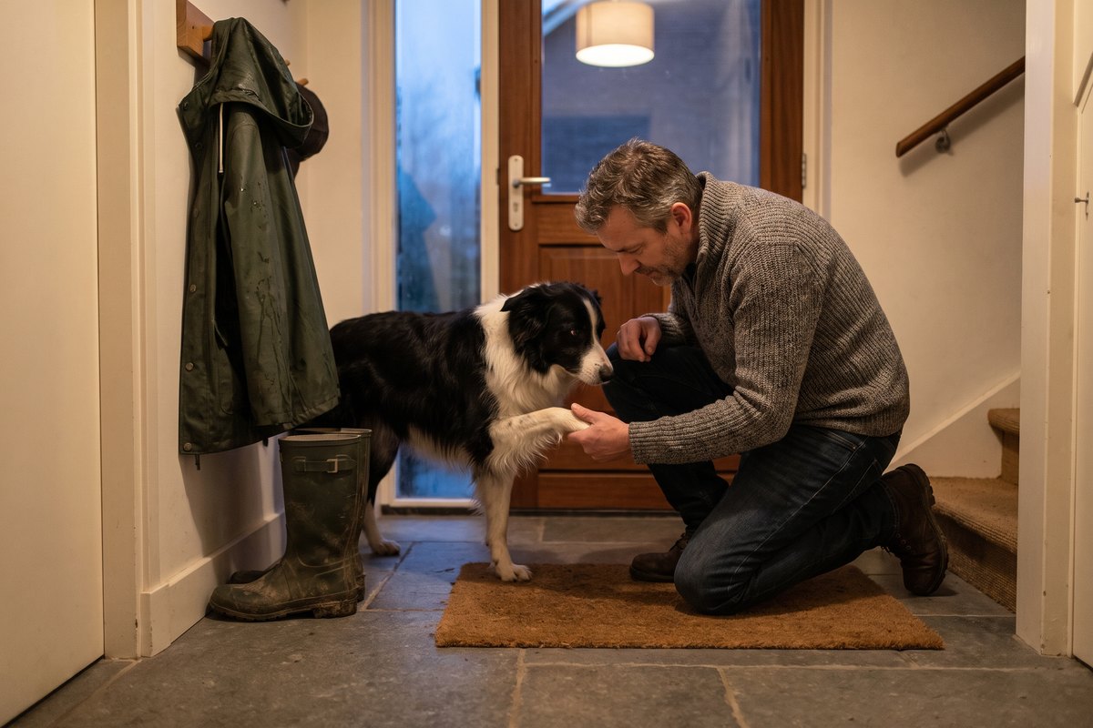 Man op de deurmat in de gang bekijkt na de wandeling de voorpoot van een zwart-witte border collie