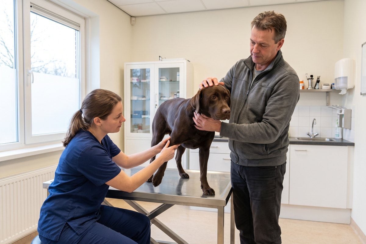 Dierenarts onderzoekt de achterpoot van een bruine labrador op de behandeltafel terwijl de baas hem vasthoudt