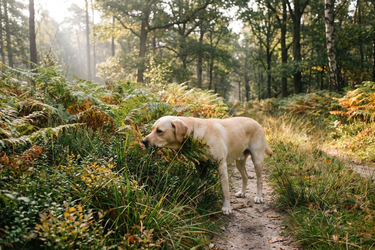 Blonde labrador steekt op een zandpad in het bos zijn kop tussen hoge varens en bosbessenstruiken