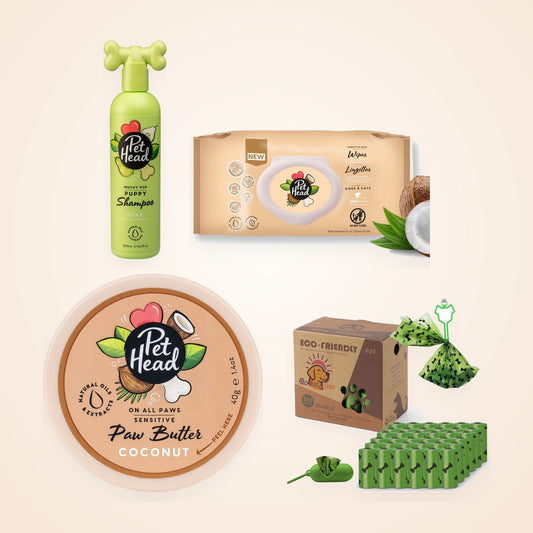 Puppy Compleet: Mucky Puppy shampoo, Sensitive Soul doekjes, Paw Butter pootbalsem en hondenpoepzakjes