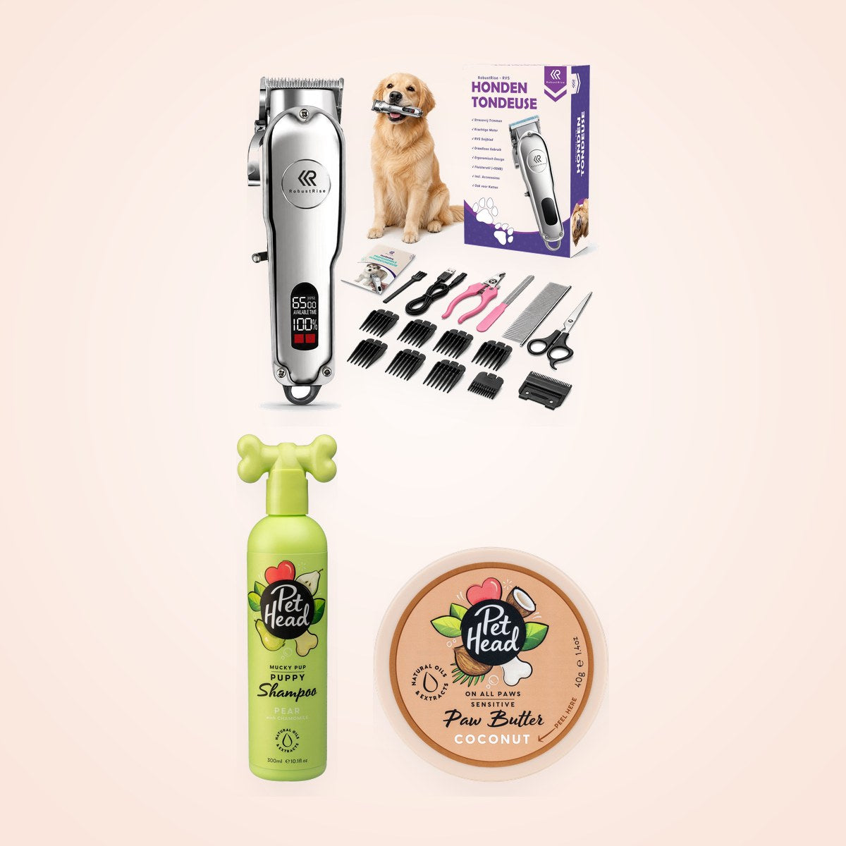 Trimset Compleet: Robustrise hondentondeuse, Pet Head Mucky Puppy shampoo en Paw Butter pootbalsem