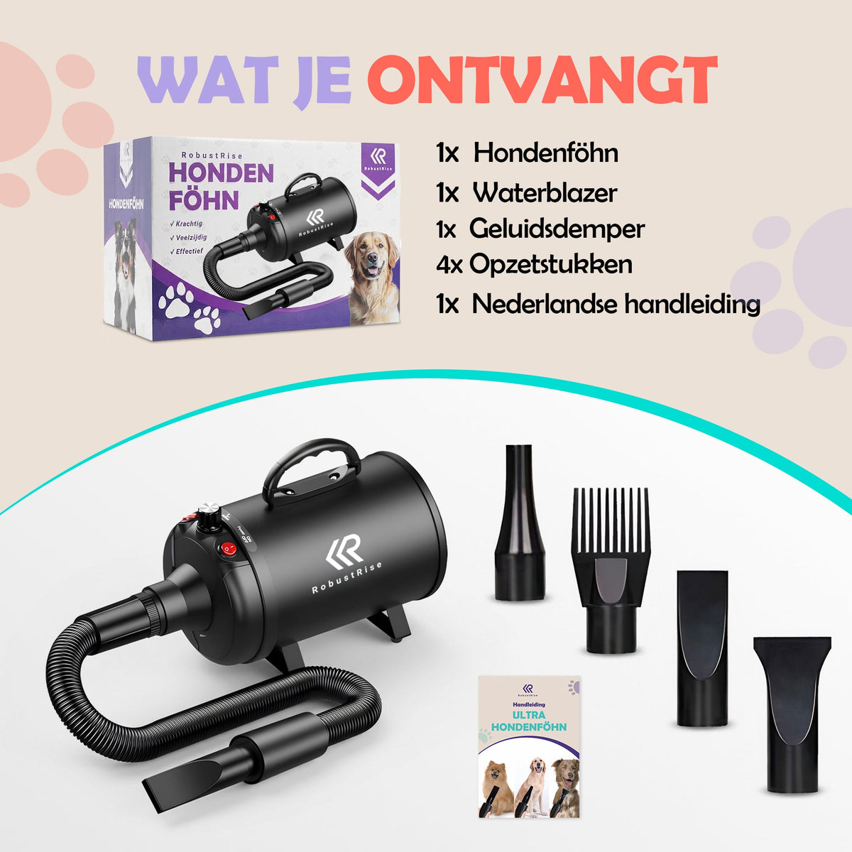 Inhoud van het waterblazerpakket: apparaat, slang, opzetstukken en handleiding
