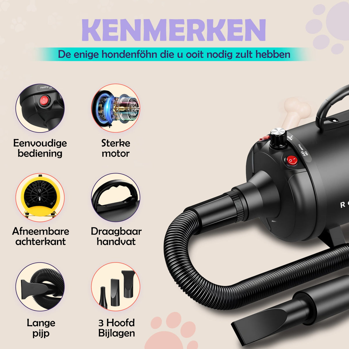 Kenmerken van de 3800W waterblazer: motor, lange pijp en draagbaar handvat